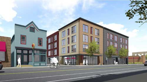 Rendering of a new building on a street with businesses.