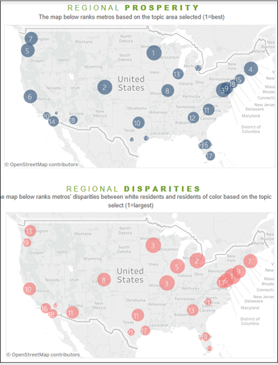 U.S. maps showing regional prosperity and disparities rankings.