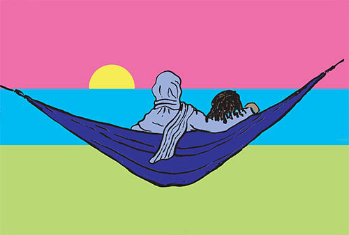 Graphic with two people in a hammock looking at the sun setting in a pink sky, with blue water and green land.