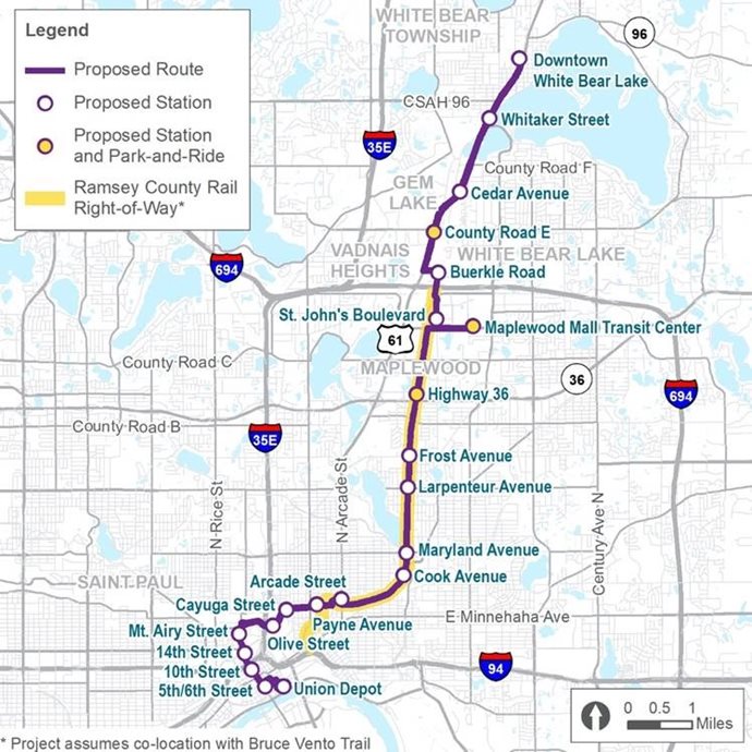 Map showing the route in purple and locations of all the proposed stations.