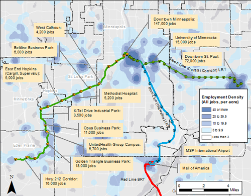 Southwest LRT map with jobs associated with each station.