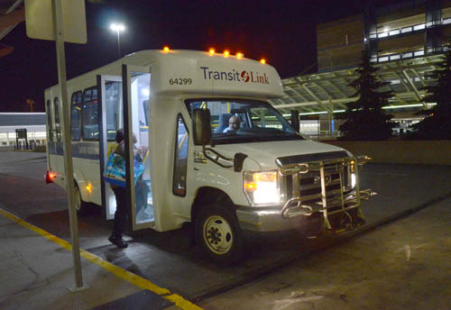 Small Transit Link bus makes late-night pickup of worker at MSP’s Terminal One.