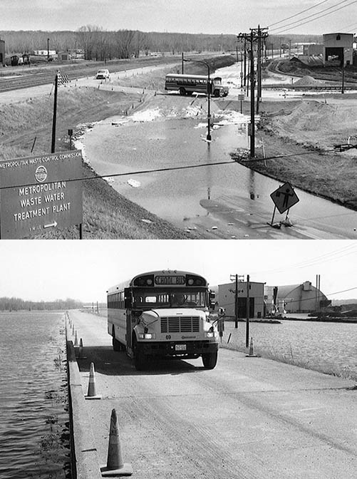 Black-and-white images of a school bus driving near the wastewater treatment plant.