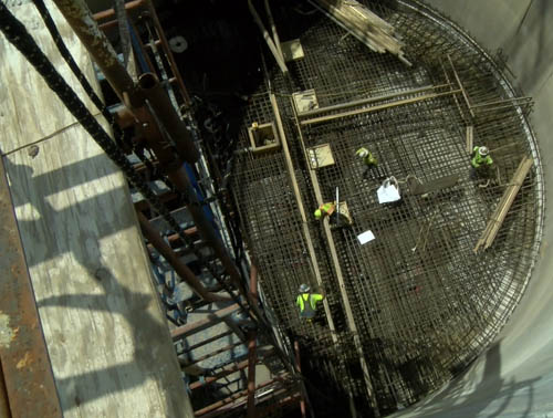 A view down into the lift station structure, under construction.