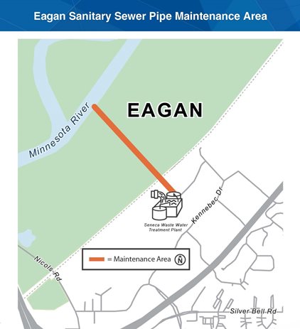 Map of Eagan Sanitary Sewer Pipe Maintenance Area in Eagan, extending from the Minnesota River southeast to the Seneca Wastewater Treatment Plant near Kennebec Drive.