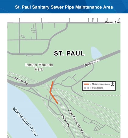 Map of Saint Paul Sanitary Sewer Pipe Maintenance Area south of Warner Road.  Maintenance area starts just west of Childs road and runs alongside it, crossing several railroad tracks, before angling southeast between Childs Road and Pig's Eye Lake Road.