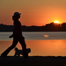 Woman walks dog at sunset