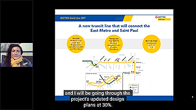 Screengrab from a webinar with a speaker on the left and a slide describing the Gold Line on the right.