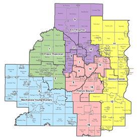 Map of Council districts showing sector reps for each district. Link to larger PDF map.