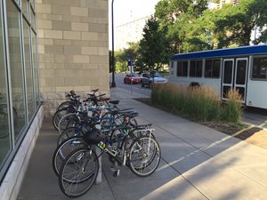Minneapolis, Whole Foods on Hennepin Avenue. Site plans can incorporate convenient locations for short-term bicycling parking.