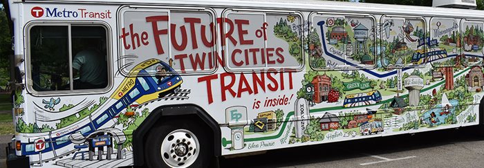 Metro Transit bus illustrated with transit routes and local landmarks.
