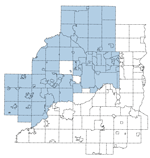 Small map showing participating communities in blue. Open the PDF link for a list.