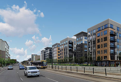 Rendering of a row of new buildings next to a light rail line.