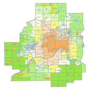 Map with mostly green in the cities and townships around the edges, with orange in the middle.