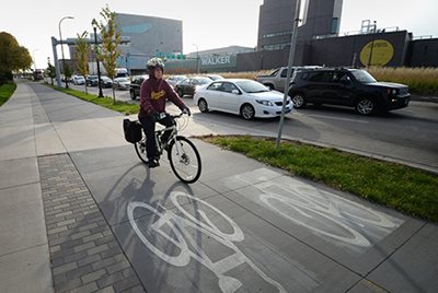 Person on a bike in a bike lane in Minneapolis.