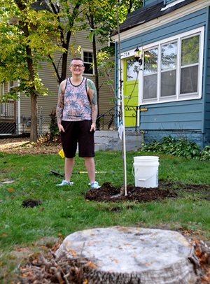 A person standing next to a newly planted tree, with an old stump in the foreground.