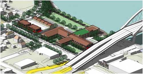 Model view of reused Hudson complex facing northwest showing historic complex, green roof potential, and parking structure with wrap-around buildings.