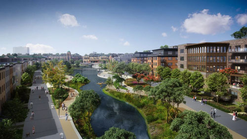 Rendering of a new development with buildings, park space, and flowing water.