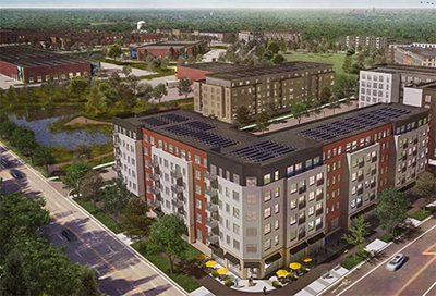 Rendering of apartment and office buildings, open green space, trees, and a large pond.