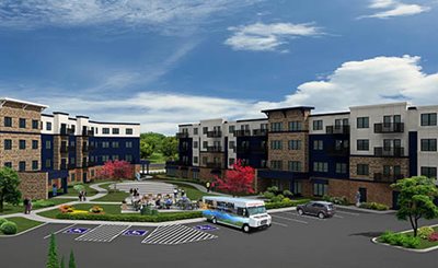 Rendering of two apartment buildings separated by a plaza, as well as parking spaces and trees.