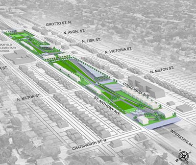 Architectural rendering of the Rondo Land Bridge over Interstate 94 between Grotto Street and Chatsworth Street.