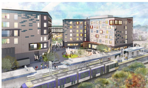 Rendering of PLACE , a mixed-used development at Hwy. 7 and Wooddale Ave. in St. Louis Park, near Green Line Wooddale Station.