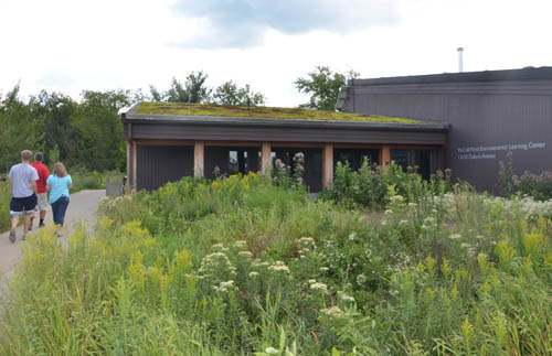 Visitors stroll past native prairie plants outside Savage's McColl Pond Environmental Learning and Event Center.