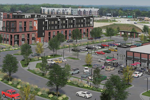 An artist rendering of a new apartment complex. A parking lot stands in front of the complex and several trees line the surrounding boulevard.