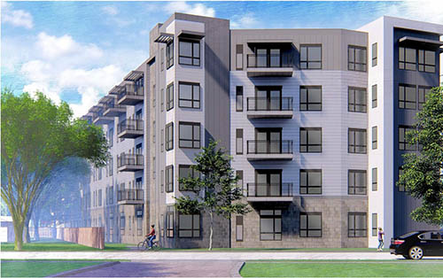 An artist rendering of a new apartment building. A pedestrian bicyclist and walker are in front of the bulding.