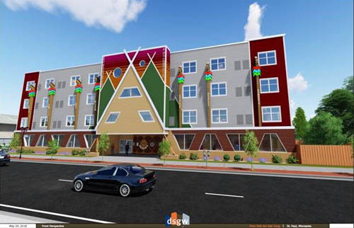 Architect’s rendering shows Ain Dah Yung, a redevelopment of cleaned up property in Saint Paul, that will include 42 affordable, supportive apartments for homeless youth with community and amenity space.