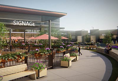 Patio seating in a commercial courtyard.