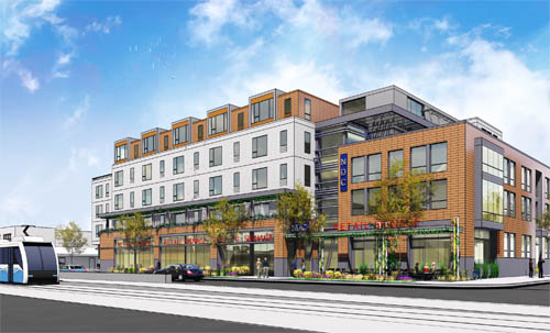 Rendering of a multi-level residential and commercial building next to the Green Line.