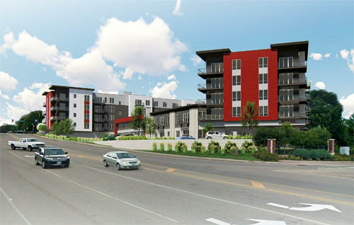 Rendering of multiple multi-story buildings next to a multi-lane road.