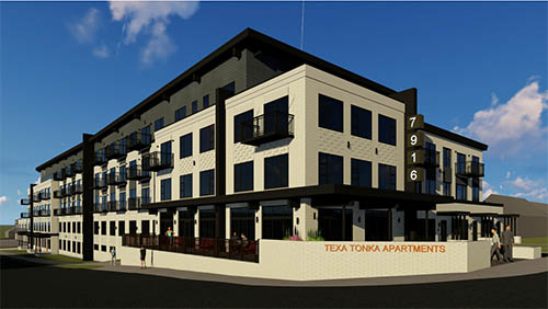 Architect’s rendering of Texa Tonka in St. Louis Park, a development that will include multifamily apartments and townhome-style apartments. Twenty percent of the homes will be affordable to households with low income for a period of no less than 25 years.