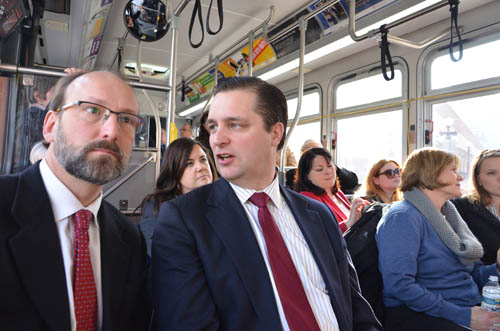 In the first months of his term as Council Chair, Adam Duininck toured the region to meet with local elected officials. Here he speaks with Will Schroeer of East Metro Strong in a bus tour of the Gateway Corridor.