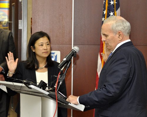 Alene Tchourimoff is sworn in as new Metropolitan Council Chair by Governor Mark Dayton.