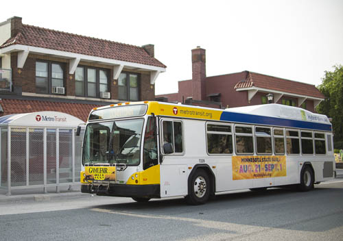 A Metro Transit bus at a bus stop.