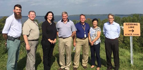 Sam Pertz, Carver County Parks; Randy Maluchnik, Carver County Commissioner; Deb Barber, Met Council; Dave Hemze, Carver County Administrator; Marty Walsh, Carver County Parks Director; Alene Tchourumoff, Met Council Chair, Emmett Mullin, Met Council Parks Manager. More about the chair's tour of Scott and Carver counties.