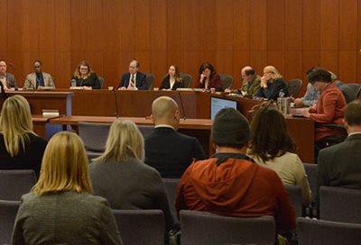 A semicircle of Council Members, with audience members in the foreground.