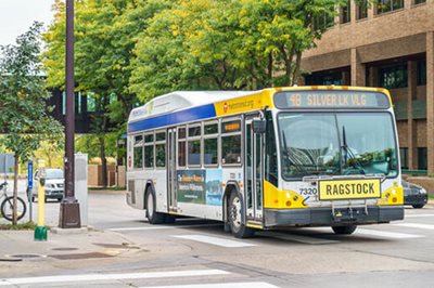 A Metro Transit bus on a city street.