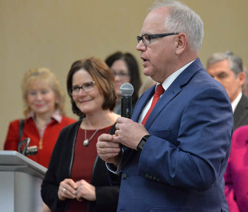 Gov. Walz speaks in the Council Chambers at a reception after the swearing-in.
