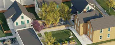 Graphic rendering shows aerial view of block with older commercial building, three new homes, trees, and green space.
