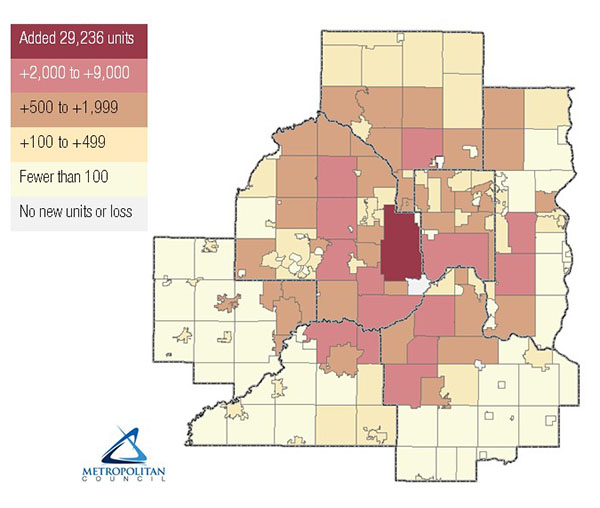 The City of Minneapolis added the most housing units between 2010 and 2020, adding 29,236 new units, followed by the cities of Saint Paul (8,625), Lakeville (6,012), Woodbury (5,696), Maple Grove (4,856), Blaine (4,387), Plymouth (3,877), Eagan (3,002), Bloomington (3,001), and Minnetonka (2,956).