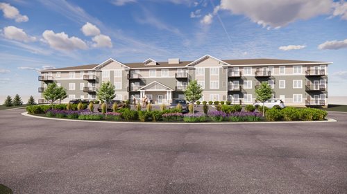 An artist rendering of a new apartment complex. Trees and flowers line the front of the building.