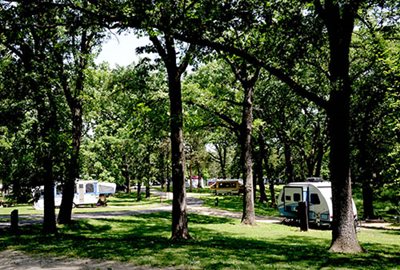 A campground in the trees.