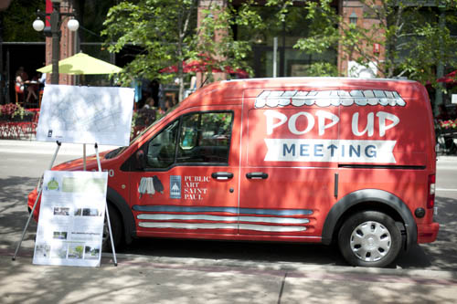 One of Lovelee’s brainstorms as City Artist for the City of Saint Paul was Pop Up Meeting, which brought locally made popsicles to city residents and engaged them to comment on a variety of city plans.