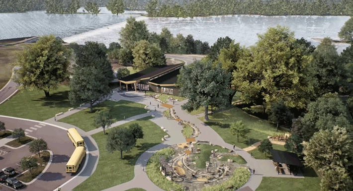 Overview rendering of the new visitor center and play areas among trees to the south of the river.