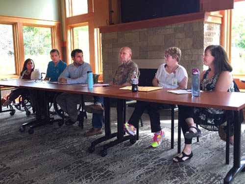 Panelists included, from left: Mai Thor, Metropolitan Council; Todd Kemery, Paralyzed Veterans of America, Minnesota Chapter; Luka Krmpotich, Wilderness Inquiry; Craig Dunn, VSA MN; Stacy Shamblott, Courage Kenny Rehabilitation Institute, and Cindy Tarshish, ADA specialist.