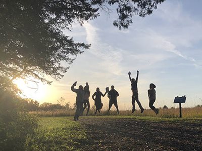 6 people jumping in a park.