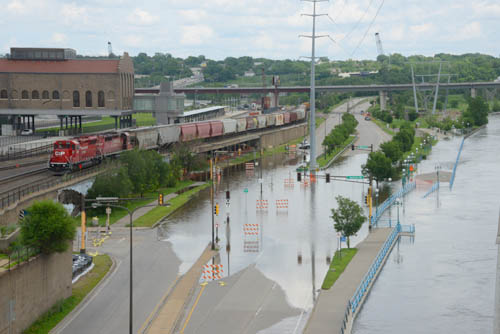 The Mississippi River in downtown Saint Paul swelled in June 2014 due to record-breaking rainfall.